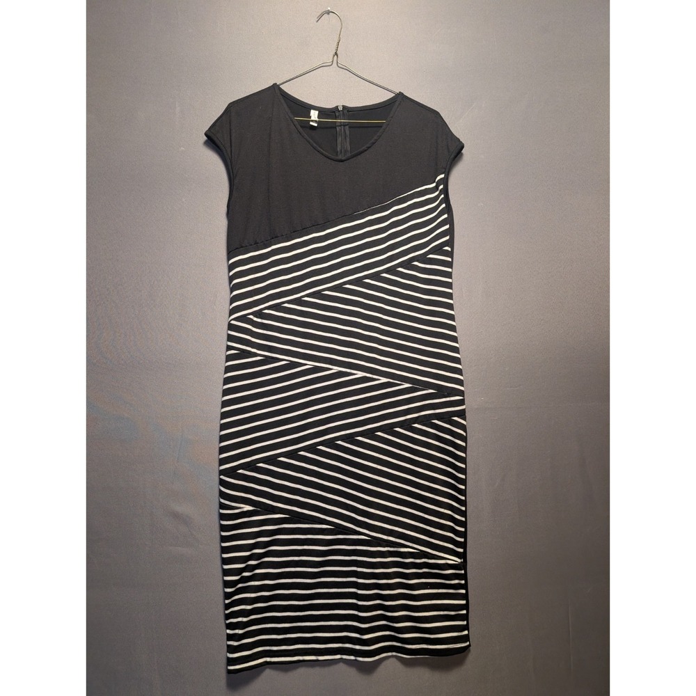 Favolook Sheath Dress Womens XL Black White Striped Cap Sleeve Slit Back Zip